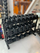 Kit de Dumbbell Sextavado Injetado com Pegada Cromada 12 à 30kg com suporte